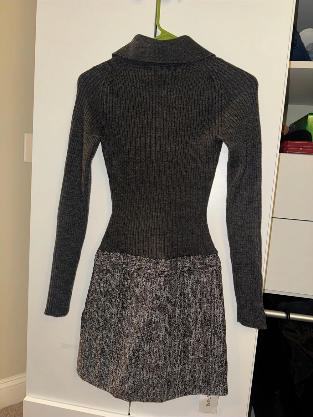 STAUD Platt Minidress—Gray long-sleeve belted sweater-dress